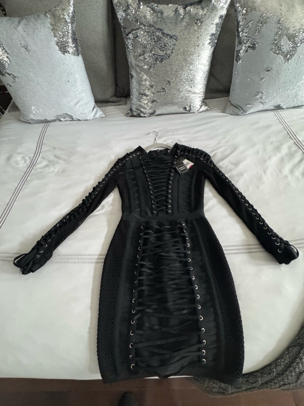 Herve Leger Black Lace-Up Long Sleeve Mini Dress